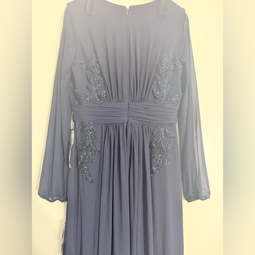 Betsy & Adam Navy Beaded Long Sleeve V-Neck Gown - Picture 3 of 5